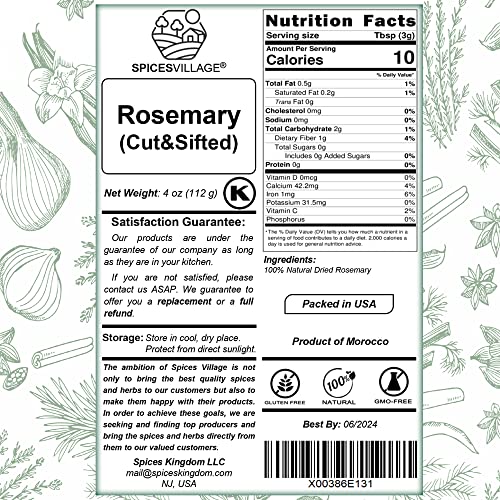 Spices Village Dried Rosemary Leaves [ 4 Oz ] – Cut & Sifted Natural Dried Rosemary Spice For Cooking And Tea, Pure Mediterranean Seasoning - Kosher, Gluten Free, Vegan, Non Gmo, Resealable Bulk Bag #TOP5