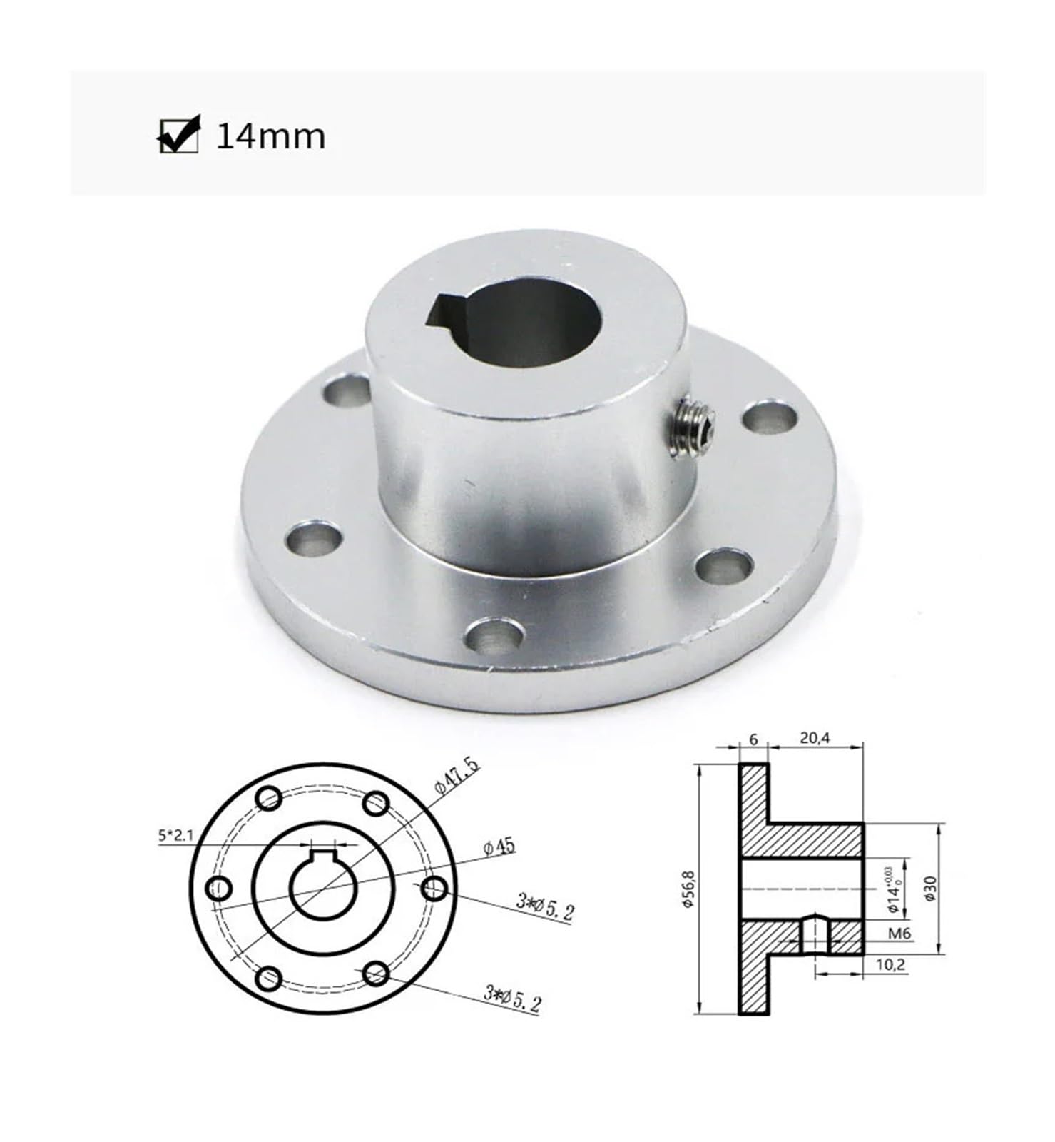 Flanschkupplung, hochfeste Aluminiumlegierung, Omni-Rad-Durchmesser 5, 6, 8, 10 mm, 12, 14, 15, 16, 18 mm, Keilnut-Kupplung (Size : 14mm keyway)
