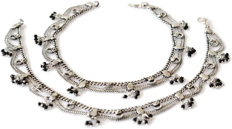 Boho Anklets for Women | Pair for both Feet | Handmade fine Soldered Layered Metal Chain Fashion Jewelry | Gypsy Hippie Festival Bollywood Style Indian Payal Ankle Bracelet