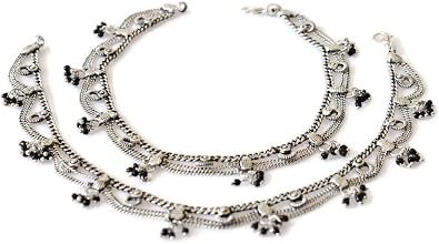 Boho Anklets for Women | Pair for both Feet | Handmade fine Soldered Layered Metal Chain Fashion Jewelry | Gypsy Hippie Festival Bollywood Style Indian Payal Ankle Bracelet