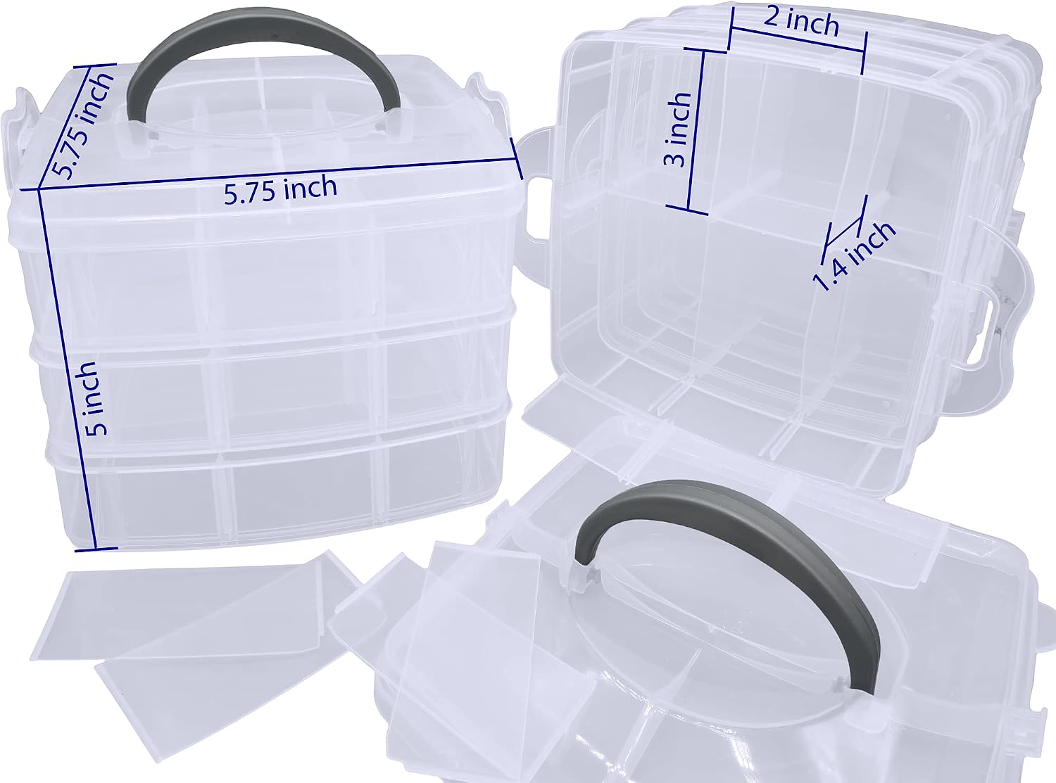zxianc 2 Pack - Stackable Craft Organizer Box, 3-Layer Small Storage Container Case, with Adjustable Compartments for Beads, Crafts, Jewelry, Fishing Tackle (5.75 x 5.75 x 5 inches)