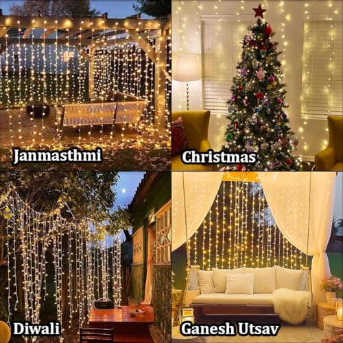 Image of fizzytech Plastic Fairy Curtain String Lights for Wall Decoration, Warm White 300 LED's, 8 Flashing Modes, Window Backdrop Lights for Bedroom, Party, Diwali, Christmas - 3x3 Meter