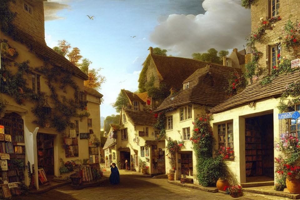 Librairie dans une rue pavée poster sur toile pour salon ensoleillé