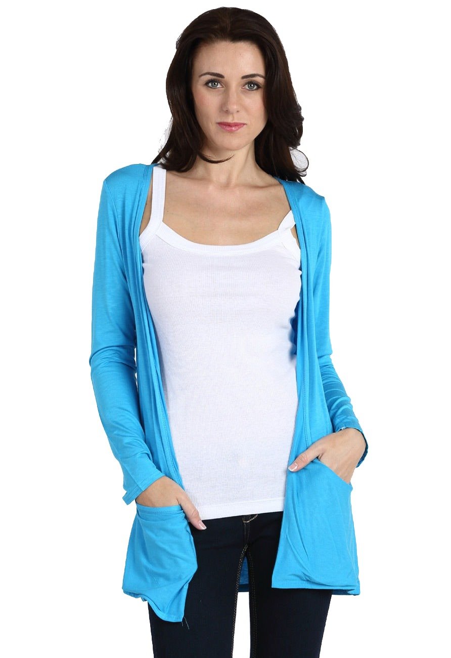 GirlzWalk ® Ladies Women’s New Look Plain Long Sleeve Two Pockets Boyfriend Cardigan (Turquoise, ML 12-14)