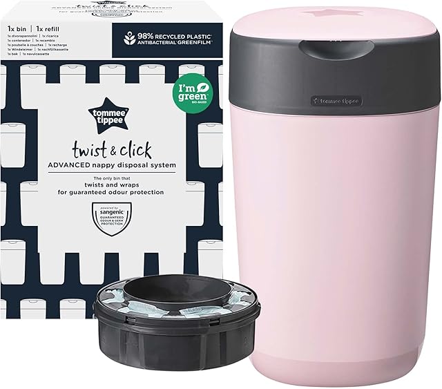 Tommee Tippee Twist and Click Advanced Nappy Bin, Eco-Friendlier System, Includes 1x Refill Cassette with Sustainably Sourced Antibacterial GREENFILM, Blue