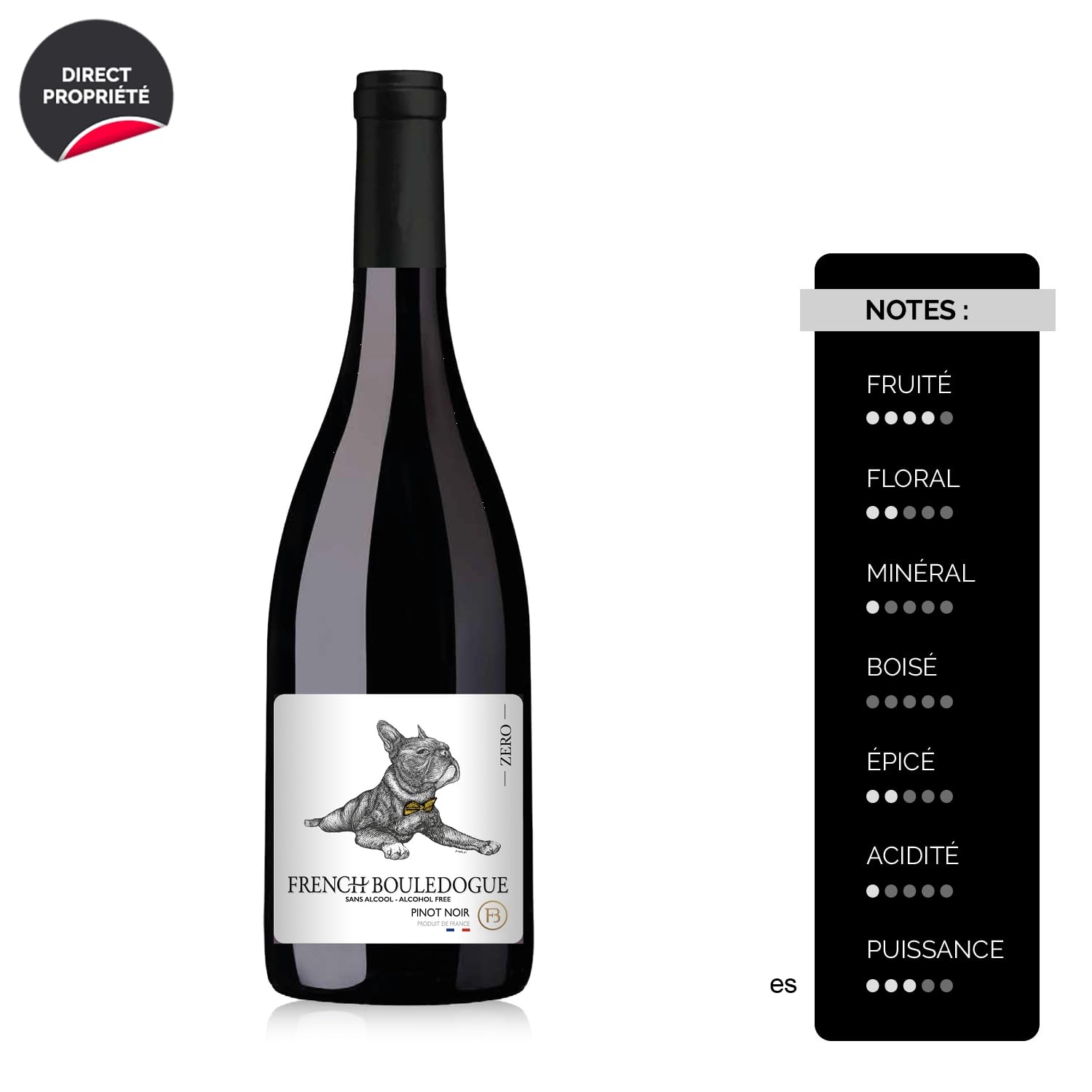 French Bouledogue Sans Alcool Pinot Noir - Rouge - Vin Rouge du Languedoc - Roussillon (6x75cl) Sans Alcool