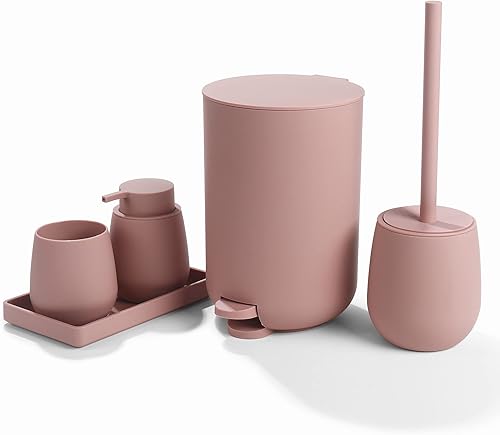 Juego de accesorios de baño rosa con bote de basura pequeño de 3 litros0.8 galones, soporte para cepillos de dientes, dispensador de jabón, bandeja