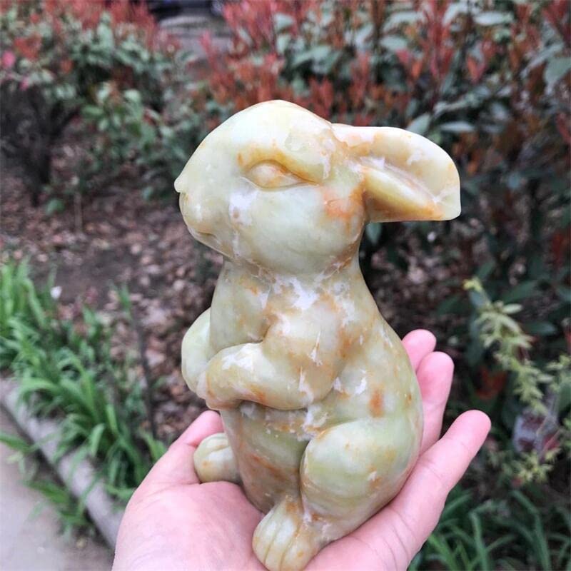 PAKMEZ 13cm Natural Cauliflower Jade Carved Rabbit Figurine Crystals Hare Statue Guardian Gift Feng Shui Home Decor