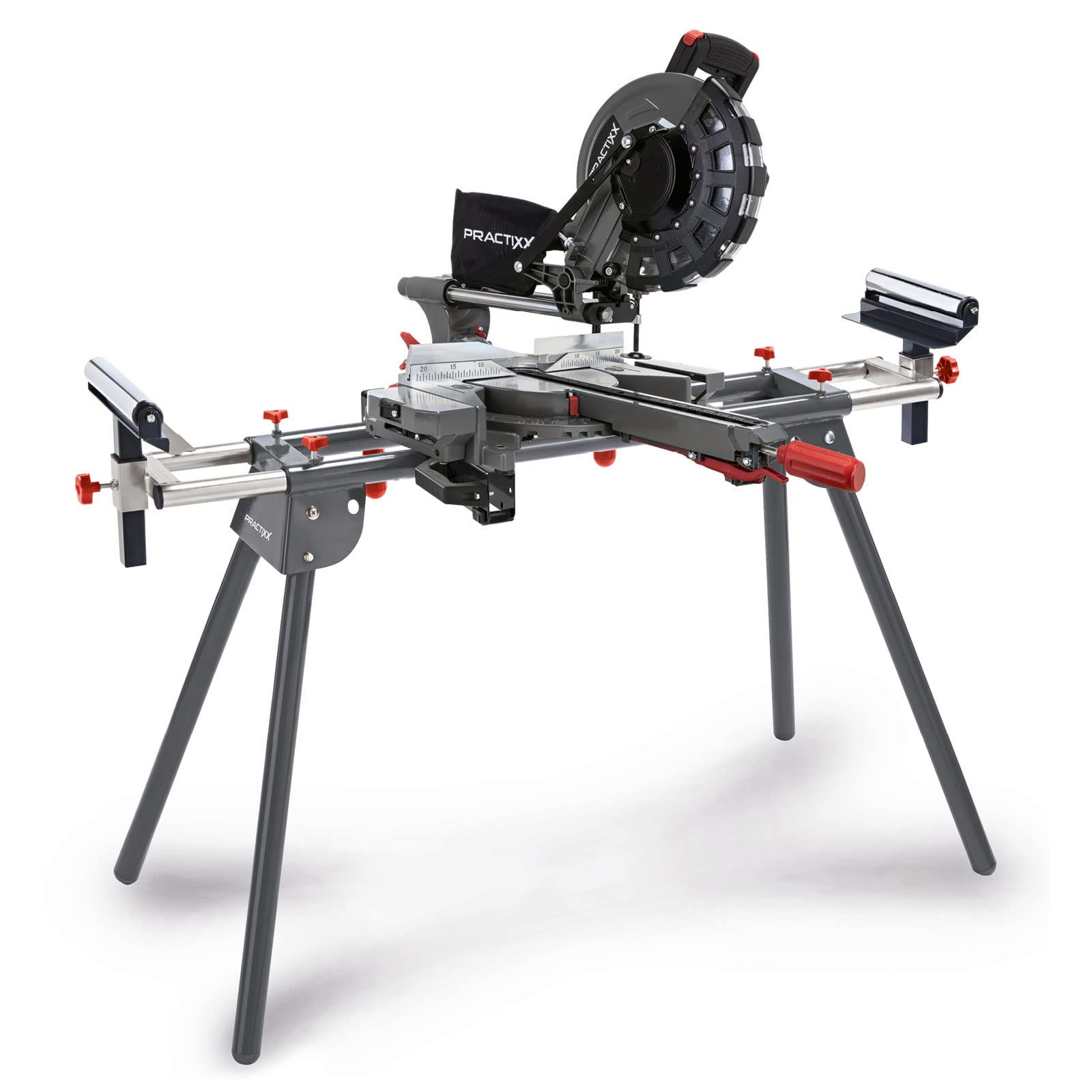Practixx Untergestell für Kappsägen PX-UG-1600 | ausziehbar 1000-1650mm | Traglast 200kg | Auflagebreite 384 mm | höhenverstellbare Rollenführung | Arbeitstisch für Kapp & Gehrungssägen