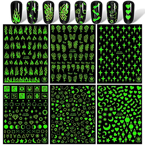 VETPW 6 Feuilles 3D Lumineux Stickers Ongles, Glow in the Dark 3D Auto-adhésif Nail Art Autocollant Décalcomanies Set avec Modèle Fleurs Lune Star pour Autocollant à Ongles Bricolage