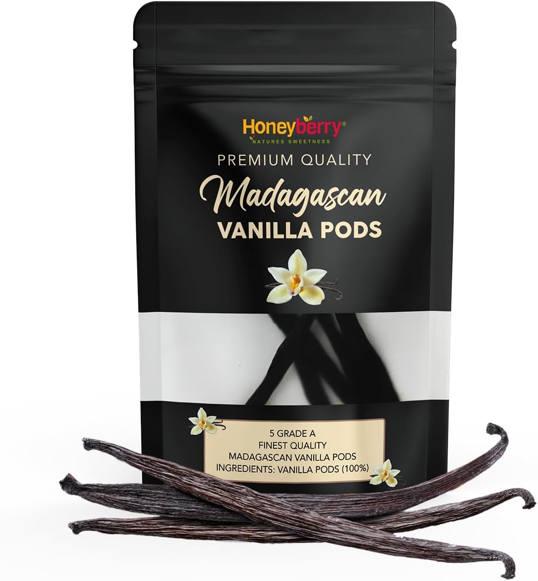 5x Premium Madagascan Bourbon Vanilla Pods Grade A (12-14cm) - Authentic Madagascar Cured Vanilla Beans Sticks Planifolia Type - Hand Picked Traceable from Source - (5 Pods)