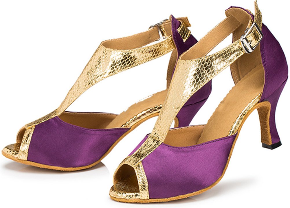 Donne Comfort T-bar Sala da ballo Latino Moderno Quadrato Danza Tango Cha-Cha Rumba Peep Toe Raso Professionale Scarpe da Ballo
