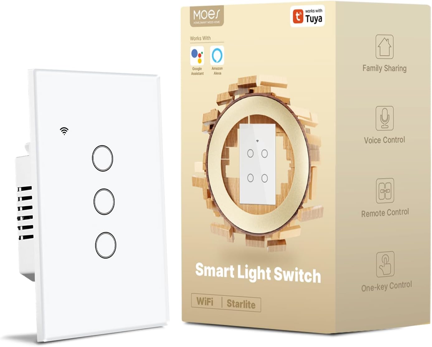 MOES 2nd Generation Smart Touch Wall Switch, 2.4GHz Wi-Fi Single Fire Single Pole Switch, No Neutral Wire Required, Remote MOES APP Control, Compatible with Alexa and Google Home 110V White 3 Gang
