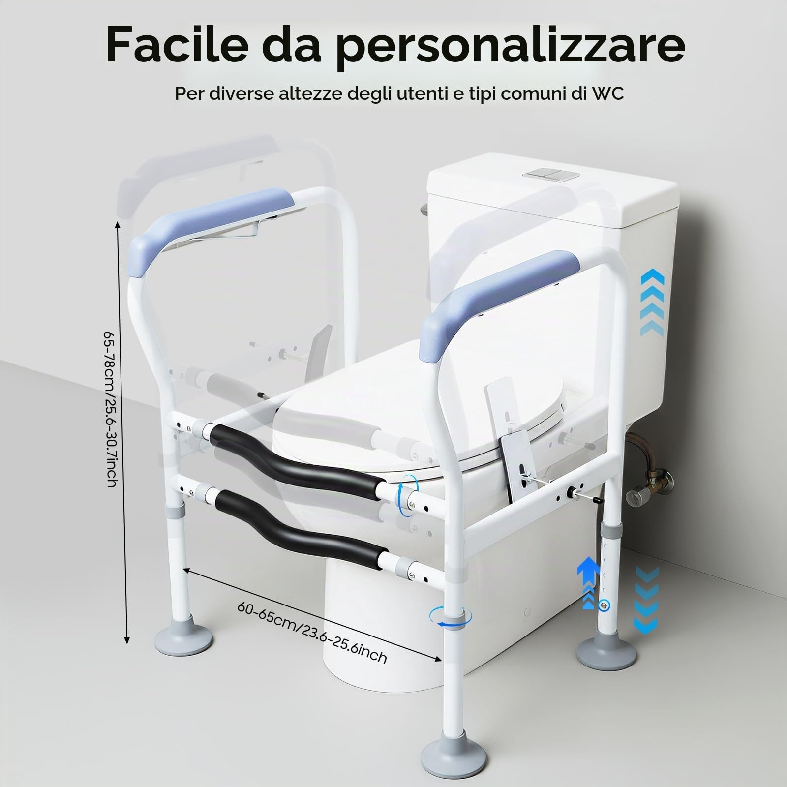 Supporto per WC, supporto per WC con grandi tappetini antiscivolo, regolabile in larghezza e altezza, per anziani disabili