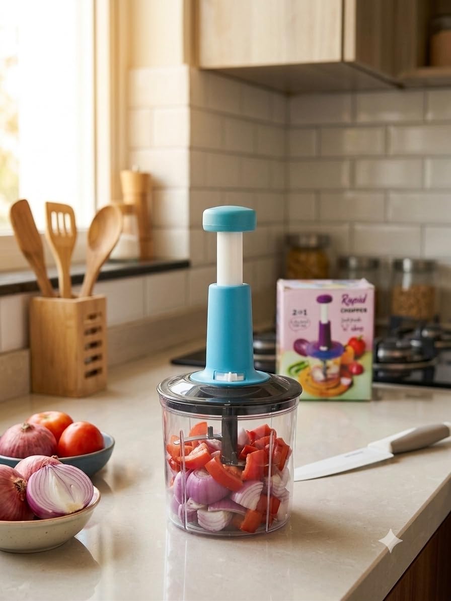 GENERIC PUSH Chopper 1100ML, Manual Hand Press Push Chopper with 6 Blades for Effortless Chopping Vegetables & Fruits, BLUE-image-32