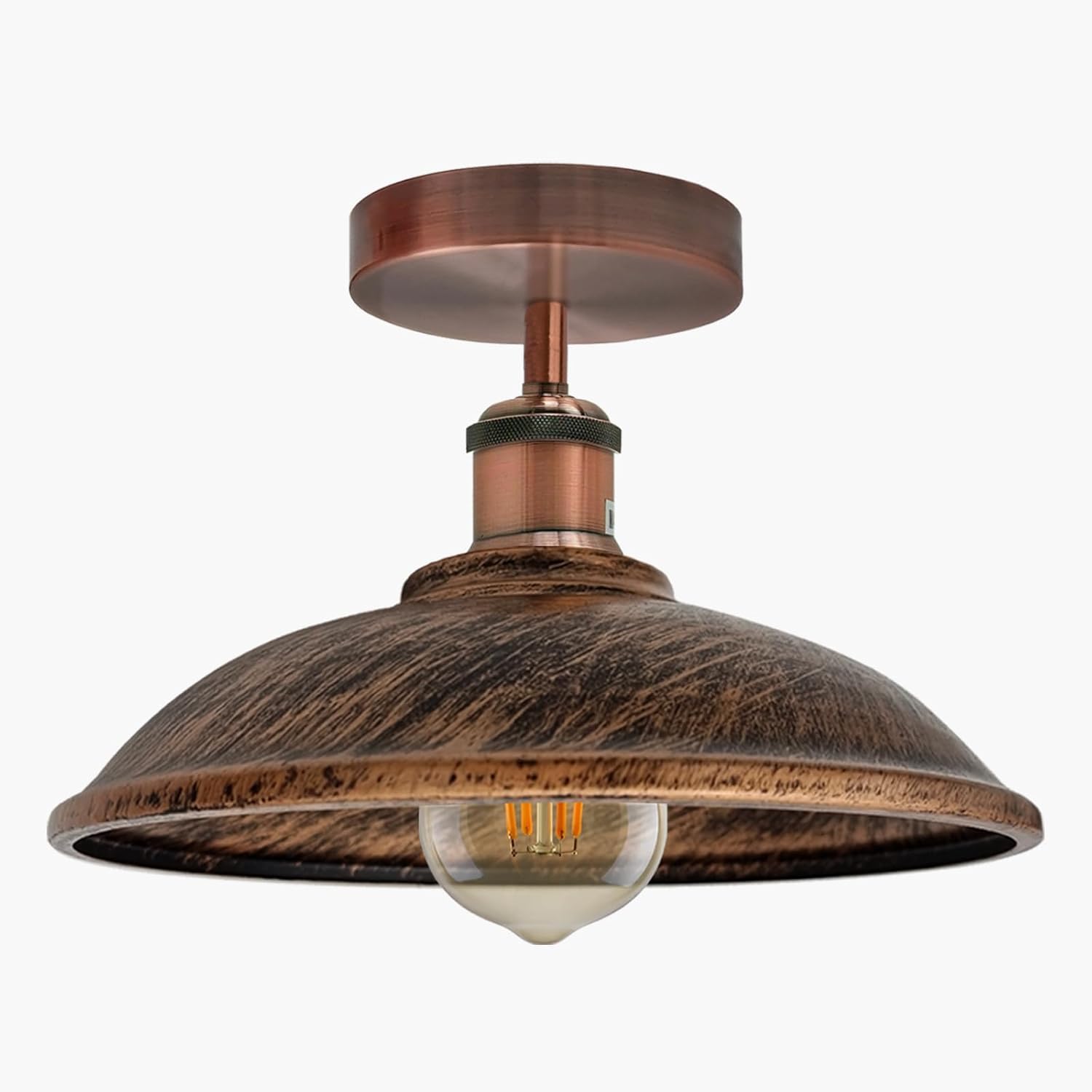 DC VOLTAGE Industrial Rustic Ceiling Light Fixture Metal Wide Light Shade, E27 Vintage Metal Semi Flush Mount Ceiling Light Fixtures for Bedroom (Brushed Copper, with Bulb)