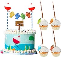 LIANGSS Little Fisherman Cupcake Toppers - The Big One Fishing Theme Mini Fish Poles & Cake Topper for Birthday Parties