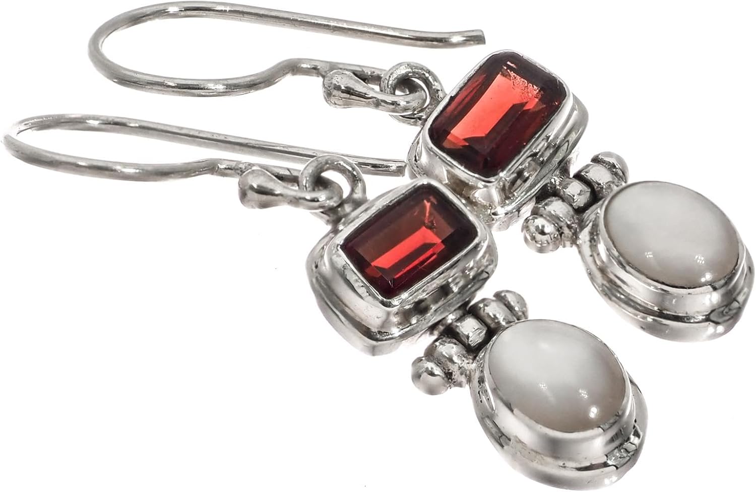 925 Silver Mother Of Pearl Shell Garnet Sterling Silver Earrings, 13/16"