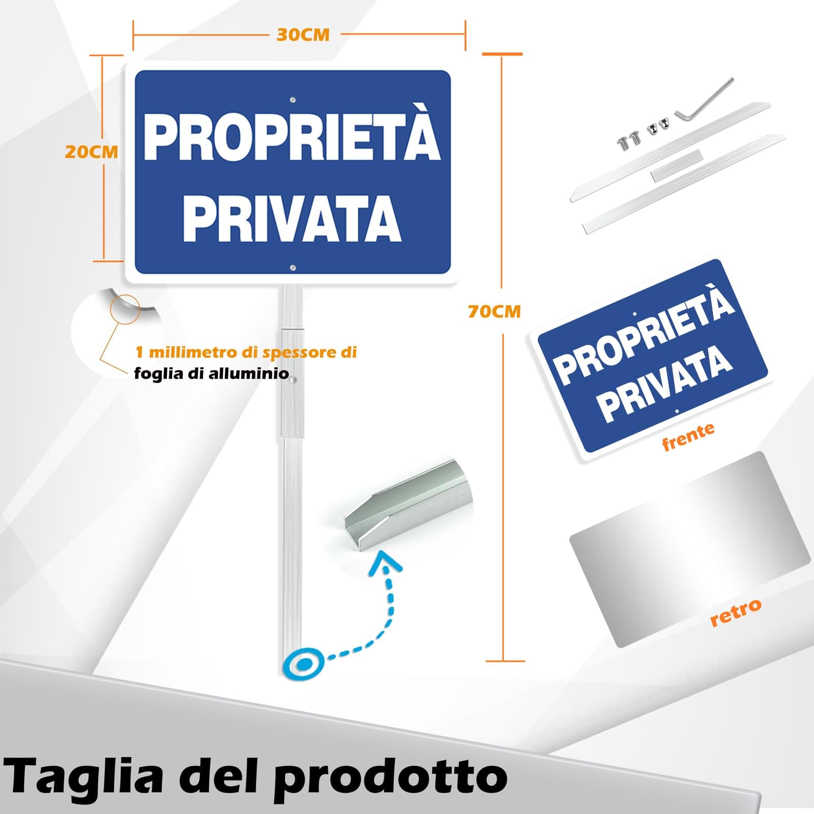 Cartello Proprieta Privata Metallo con Staffa, 20x30cm Segnaletica Proprietà Privata in Alluminio 70cm Staffa Targa Proprietà Privata Riflettente, Impermeabile e Resistente ai Raggi UV
