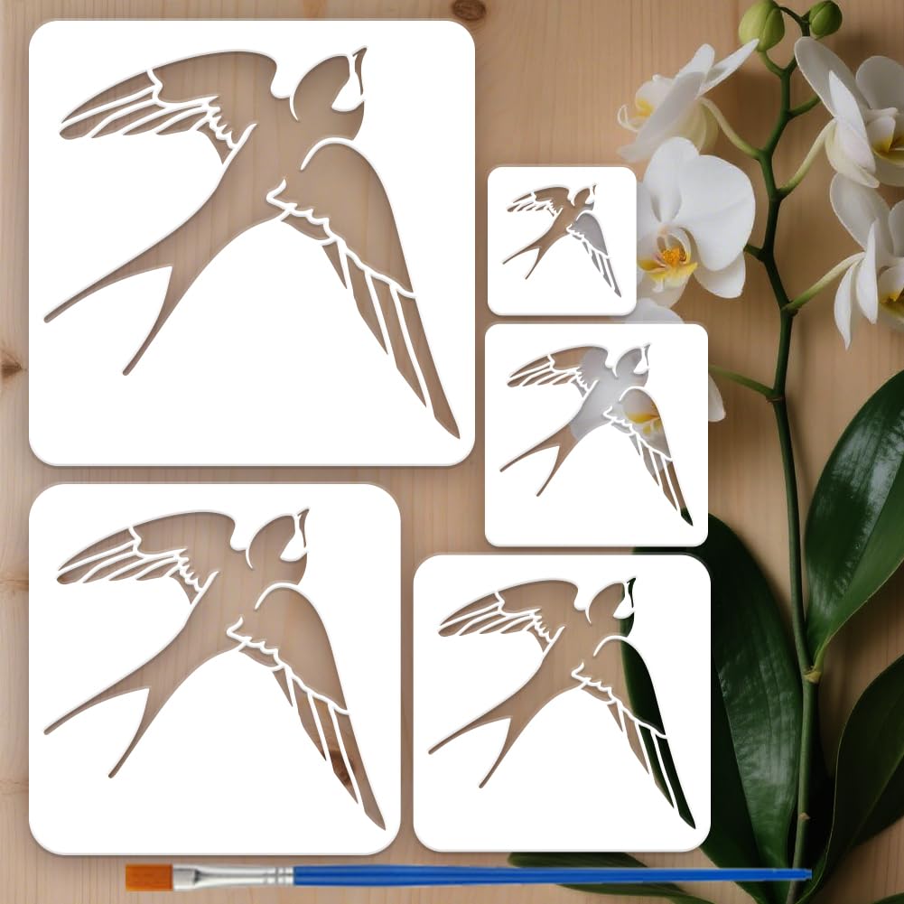 FINGERINSPIRE 5PCS Swallow Patterns Stencils for Painting with Paint Brush 5 Sizes Reusable Flying Birds Drawing Templates Square Swallow Birds Stencils Animal Theme Template for Painting on Wood