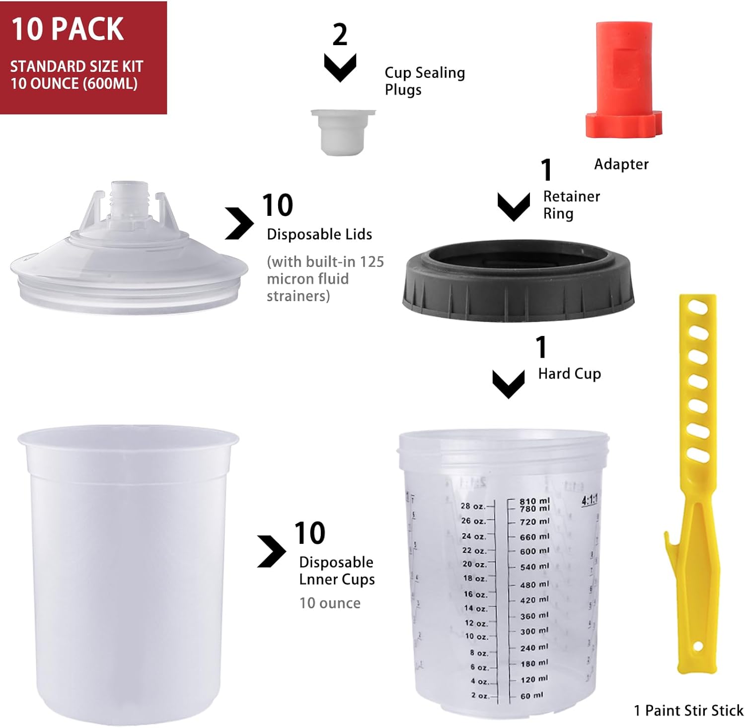 Disposable Paint Mixing Cup 27 Ounce (800ml) Kit,HVLP Paint Sprayer Gun Mixing Cups with 10 Cups and Lids System, 2 Plugs and 1 Hard Cup with Retainer Ring,Paint Stirrer (10)