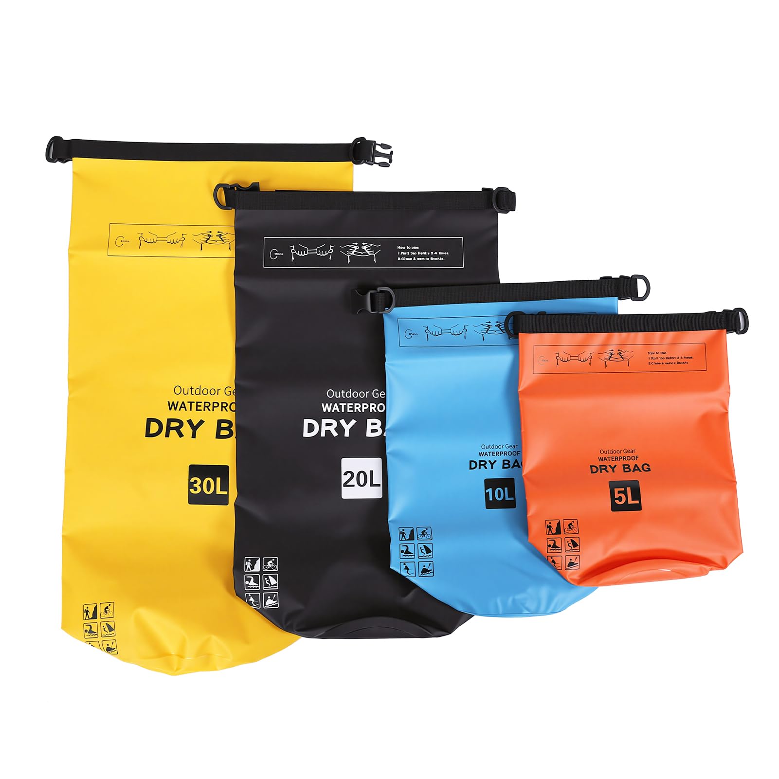 Regenfester Trockensack, Roll-Top, Leistungsstarker Schwimmender Trockensack, Vielseitiger für Outdoor-Aktivitäten, 5 L, 10 L, 20, 30, Zum Kajakfahren, Surfen (4 Sets in einem Paket)