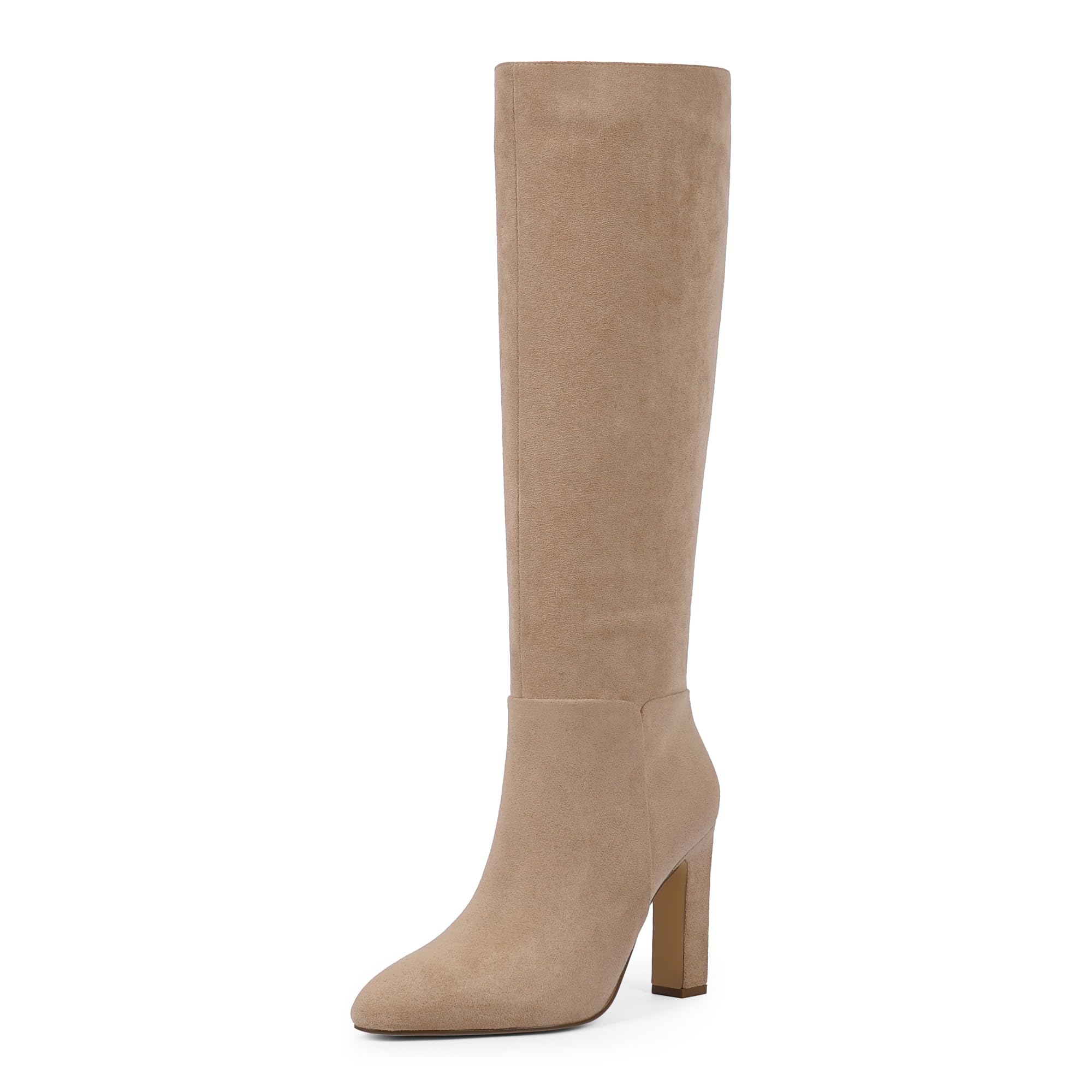 Women Knee High Boots Almond Toe Chunky Block High Heel Side Zipper Long Boots for Women