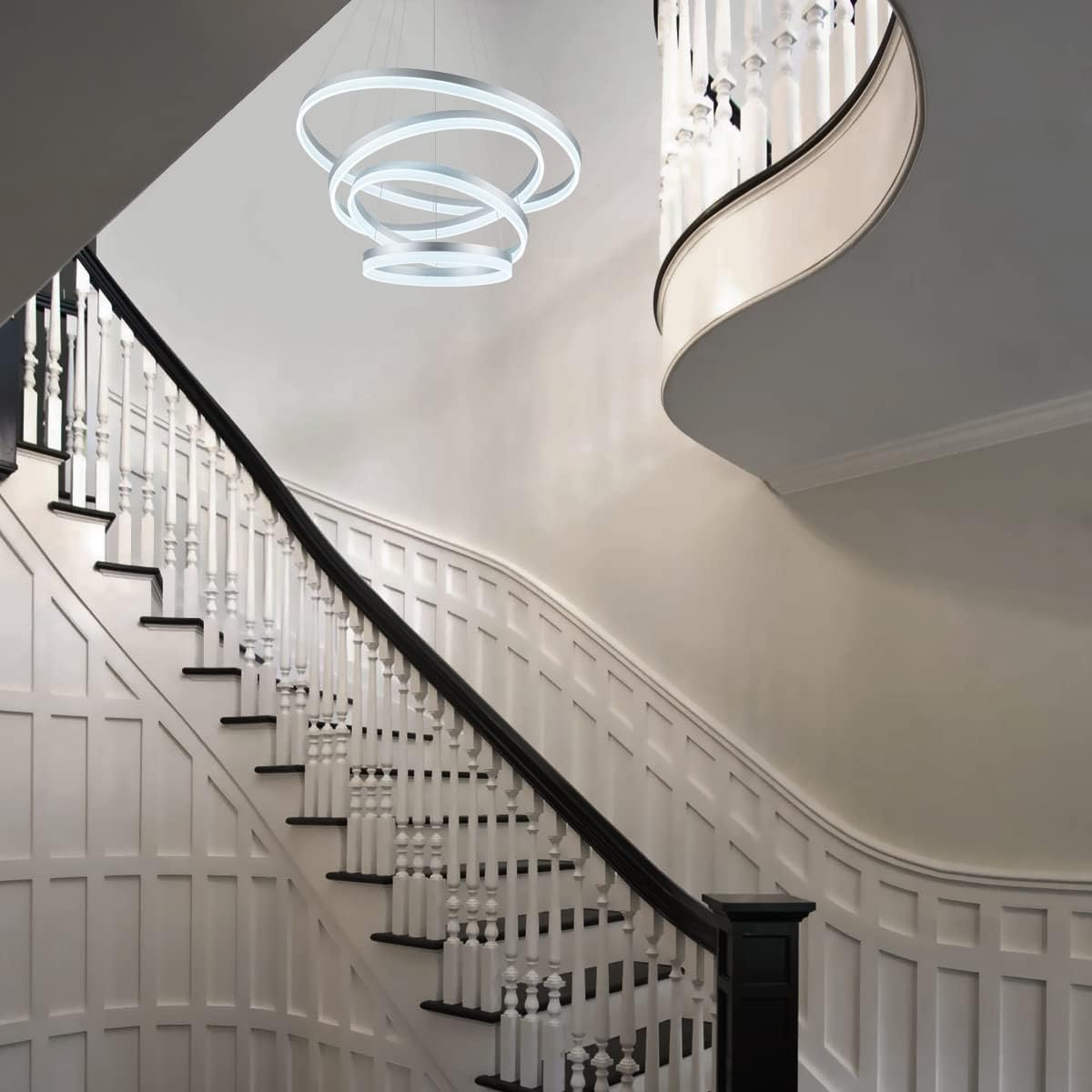 Gеt Chеар Prісе ROYAL PEARL Modern LED Modern Chandelier 4-Rings Circular Pendant Light Flush Mount Pendant Lighting for Living Room Dining Room, Dimmable 6000k, Silver