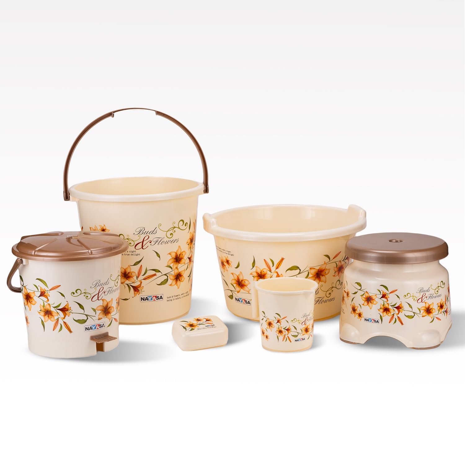 Nayasa Bathroom Set Small DLX 6 Pcs | Bucket 18 Ltrs, Mug 1.5 Ltrs, Basin 20 Ltrs, Dustbin 14 Ltrs, 509 Stool, Soap Case | Bathroom Accessory Set Plastic | Bathroom Set | Bath Set For Bathroom | Brown