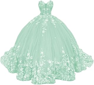 Strapless 3D Flower Quinceanera Dresses with Train Applique Tulle Sweet 16 Dresses Beaded Puffy Quinceañera Dress