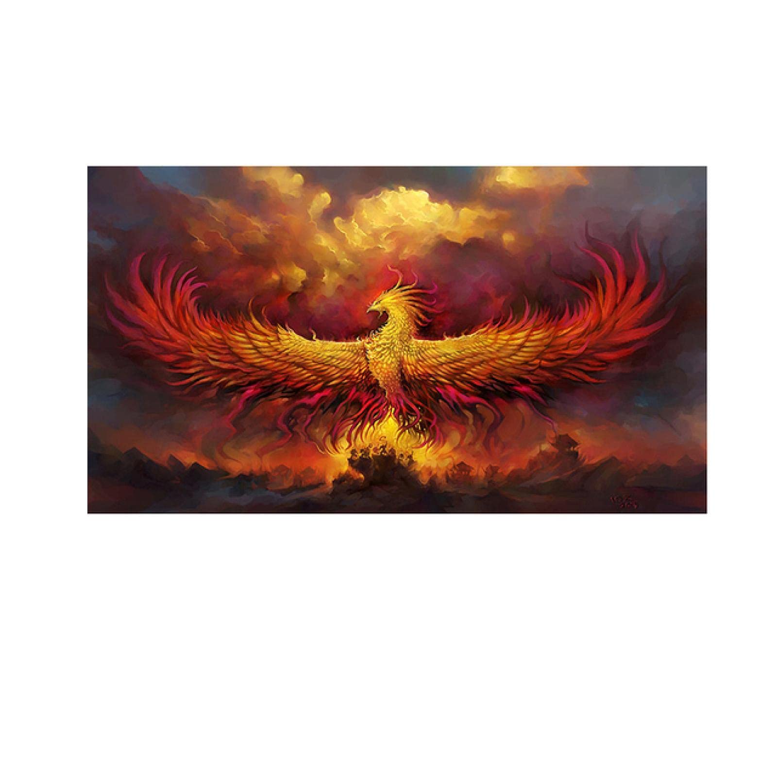 Yooyu Large Framed Art Golden Flame Red Phoenix Canvas Painting Posters and Animal Prints Home Living Room Wall Decoration 60x90cm(24x35in) Internal frame