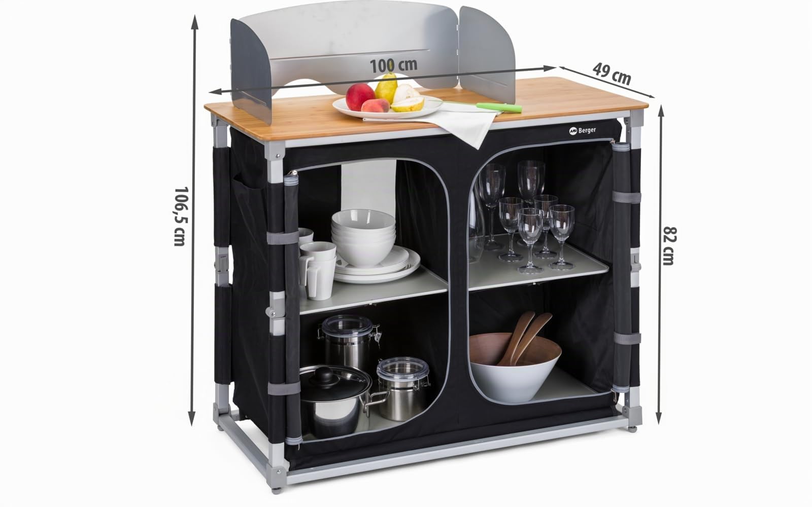 BERGER Küchenbox Deluxe Campingküche Campingschrank faltbar mit Bambus, Staufächern inkl. Tragetasche Outdoor Camping Küche Camping Küchenschrank faltbar Aluminium Campingschrank Küche Sport & Freizeit