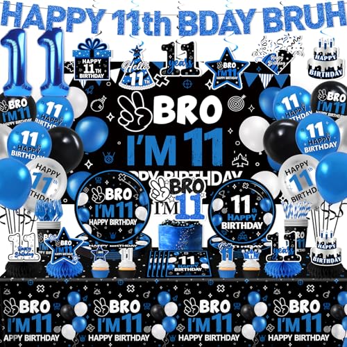 11th Birthday Decorations for Boys 196pcs Bruh Im 11 Birthday Decorations Happy 11th Birthday Boy Plates and Napkins Cups Tablecloth Backdrop Topper Balloons for 11 Year Old Birthday Decorations