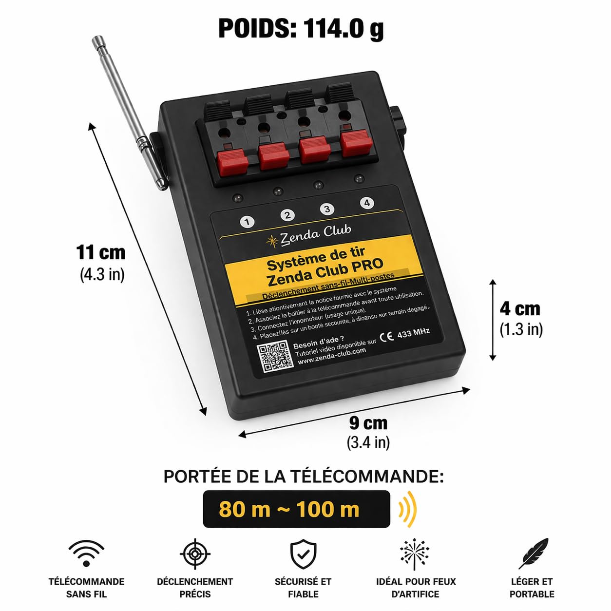 zenda club® Accenditore Fuochi d'artificio senza fili a 4 vie + 2 telecomandi – Sistema elettronico pirotecnico con controller – Attrezzature professionali per tiro sicuro di fuochi d'artificio