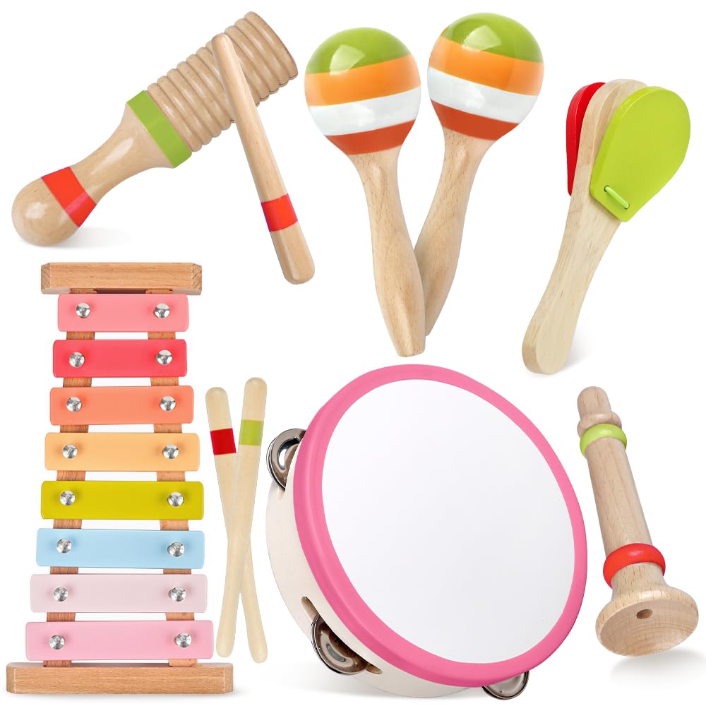Musikspielzeug ab 1 Jahr, 8-in-1 Holz Musikinstrumente Set für Kleinkinder, Montessori-inspiriertes Lernspielzeug mit Trommel, Tamburin, Flöte & Glocken, Geschenk für Mädchen 1-3 Jahre