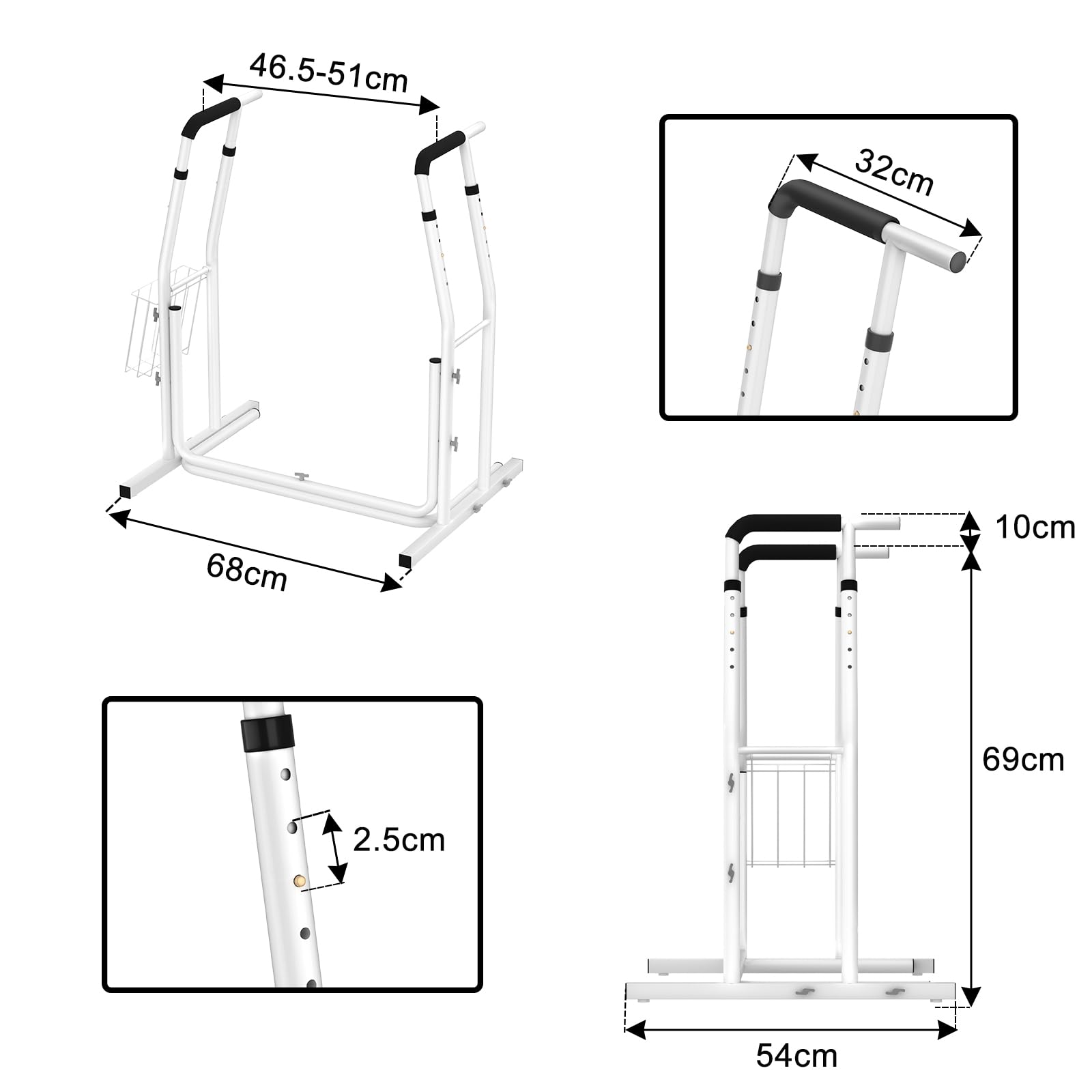 AUFUN Mobile WC-Aufstehhilfe Toiletten mit Ablagekorb - rutschfest höhenverstellbar Toilettenstützgestell - Toiletten Halteschiene 790 x 550 x 680-780mm,weiß