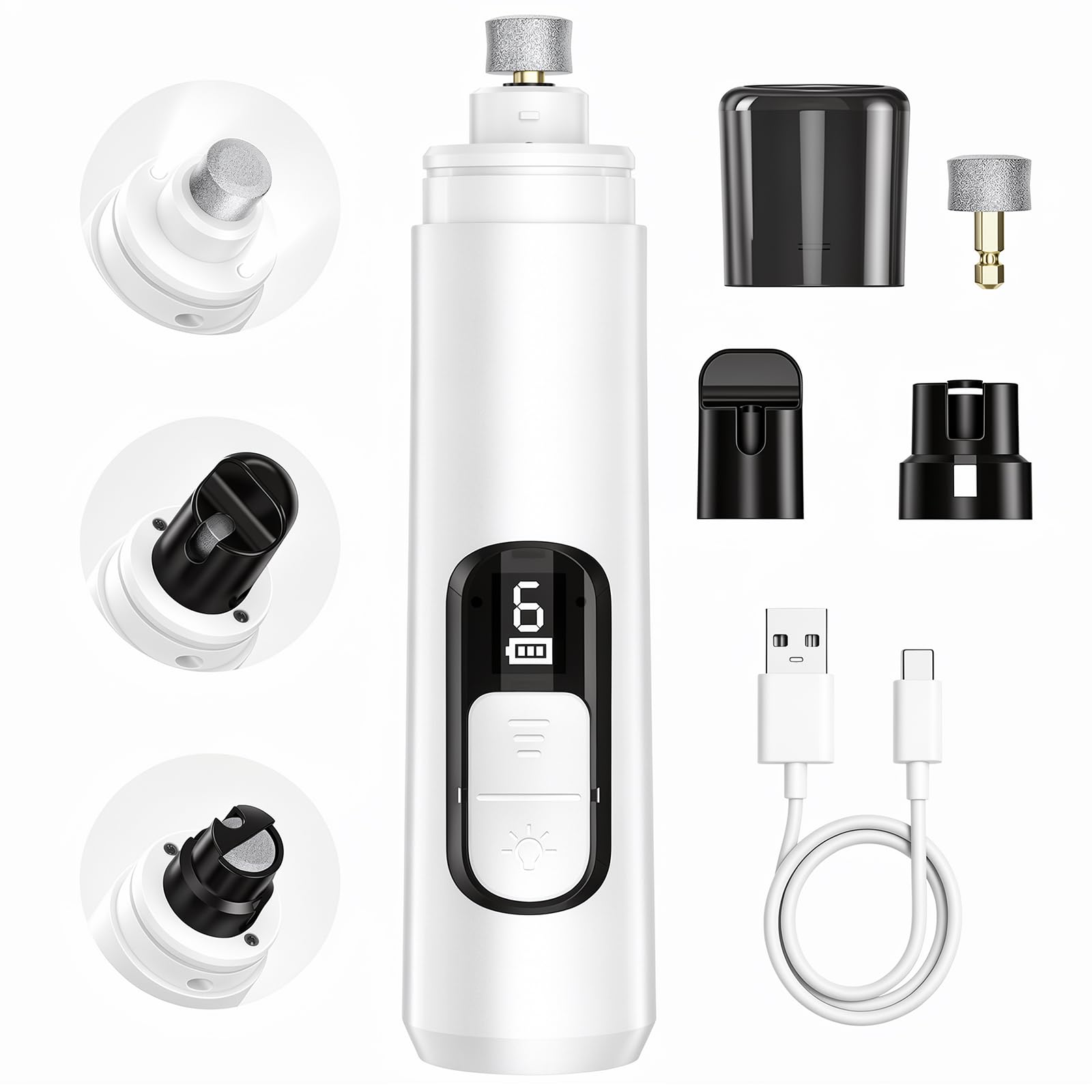 Broyeur à ongles pour chien, ultra silencieux, lime à ongles rechargeable à 6 vitesses avec affichage de l'alimentation LED et outil de toilettage sûr pour chiens de petite, moyenne et grande taille