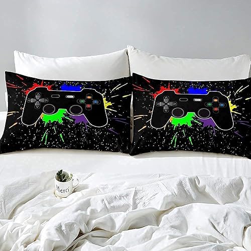 Miniatura 10 de NINENINE Juego de ropa de cama con estampado de videojuegos tamaño individual para niños y adolescentes, juego de ropa de cama de color morado y