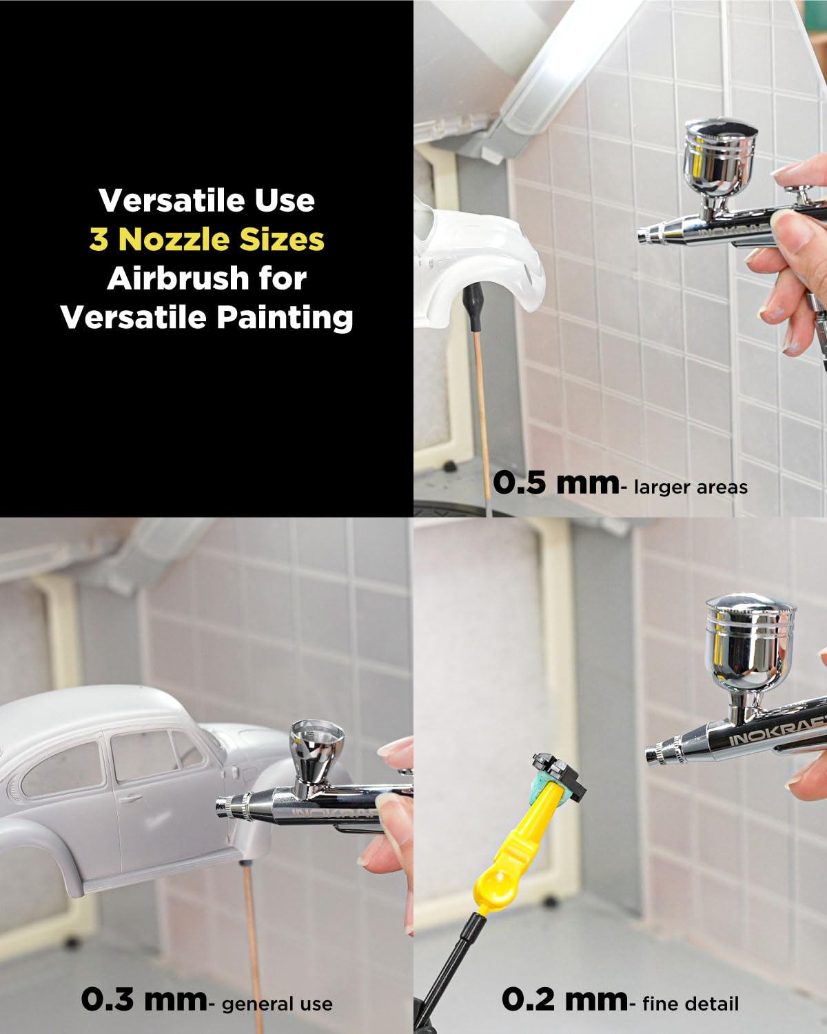 Inokraft Zestaw Airbrush Pro z 3 zestawami dysz 0,2, 0,3 i 0,5 mm – podwójny uchwyt grawitacyjny i poradnik, farba do malowania modeli