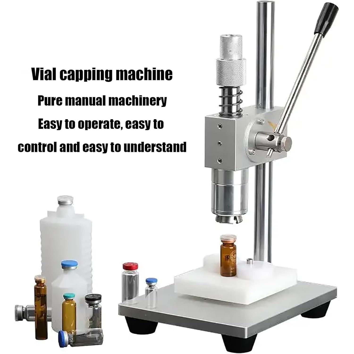 Máquina taponadora para viales, máquina prensadora manual, altura ajustable, 10-30 botellas por minuto, ideal para alimentos, embalaje y aplicaciones químicas