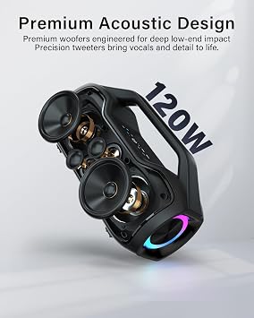 Portable Bluetooth Speakers Wireless 120W Peak Loud Outdoor w/2*Deep Bass | Increase 2*tweeters, 20H Playtime,IPX6 Waterproof, RGB Lights USB-C BT5.4, Suitable for Party, Beach, Camping,,Large Jobsite