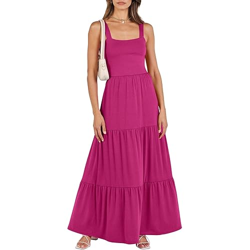 ANRABESS Women's Summer Casual Long Maxi Beach Vacation Dresses Sleeveless Square Neck Flowy Tiered Sun Dress with Pockets