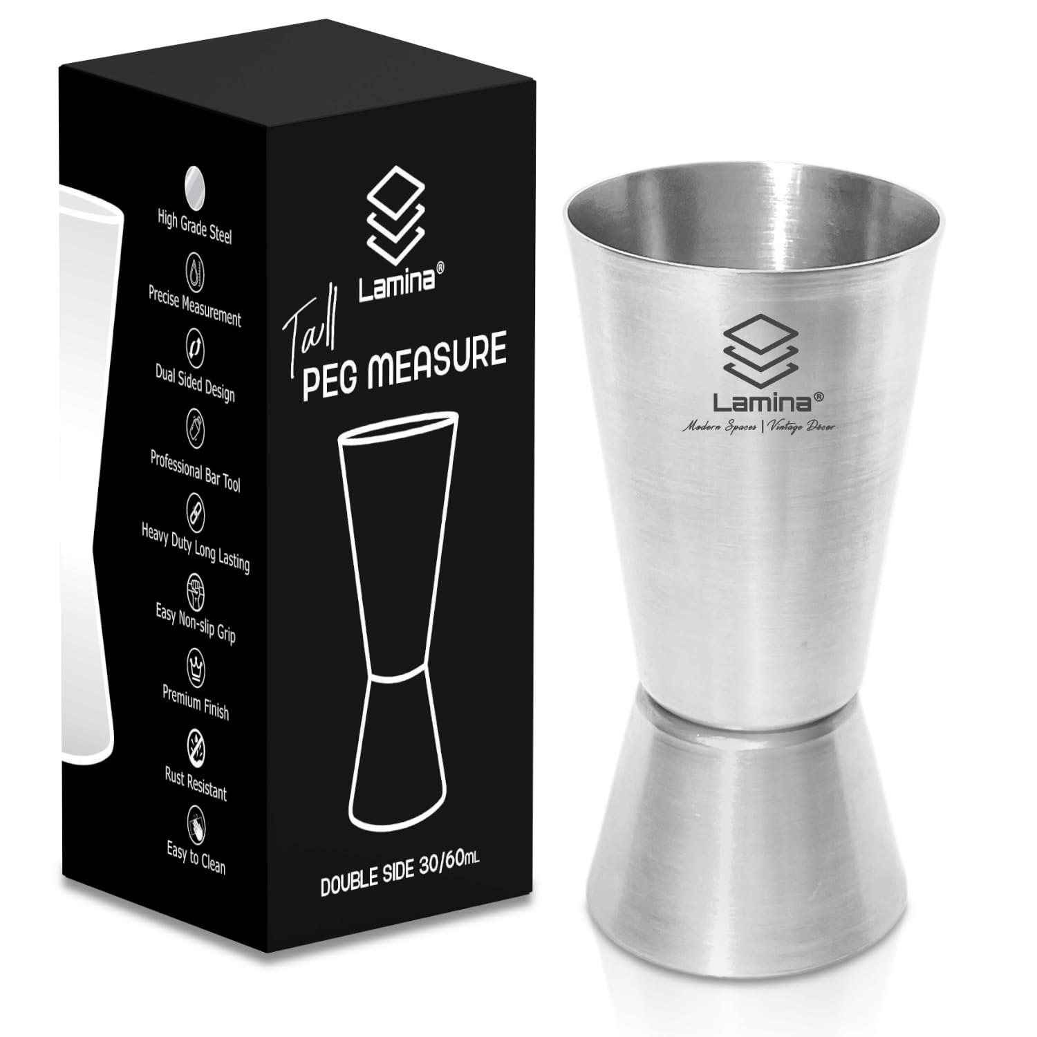 Lamina Set of 1 Stainless Steel Tall Peg Measure (30/60 ml, Silver) Double-Sided Cocktail Jigger for Home, Kitchen, Hotels & Professional Bartenders – Drink Measuring Bar Tool (with Box).