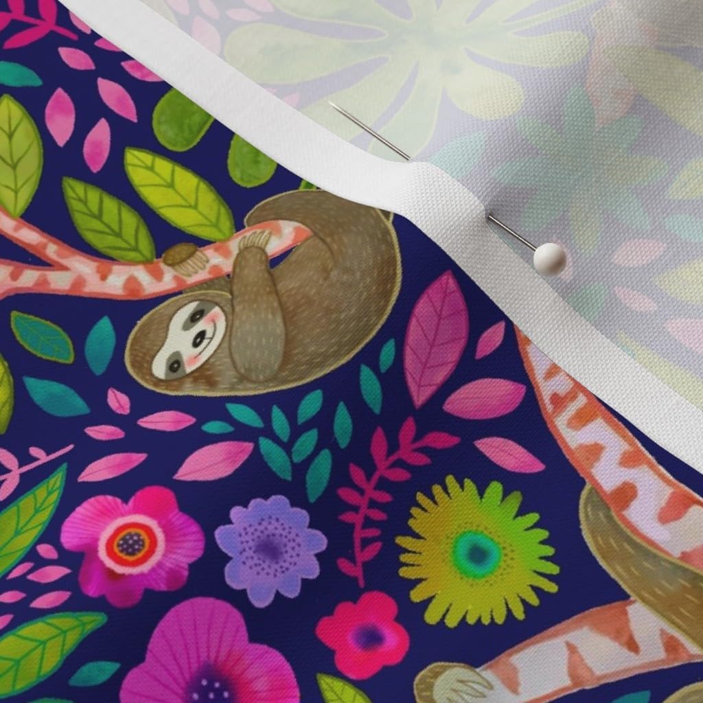 Spoonflower Fabric - Tropical Sloth Night Garden Flowers Animal Rainforest Sloths Printed on Petal Signature Cotton Fabric by The Yard - Sewing Quilting Apparel Crafts Decor