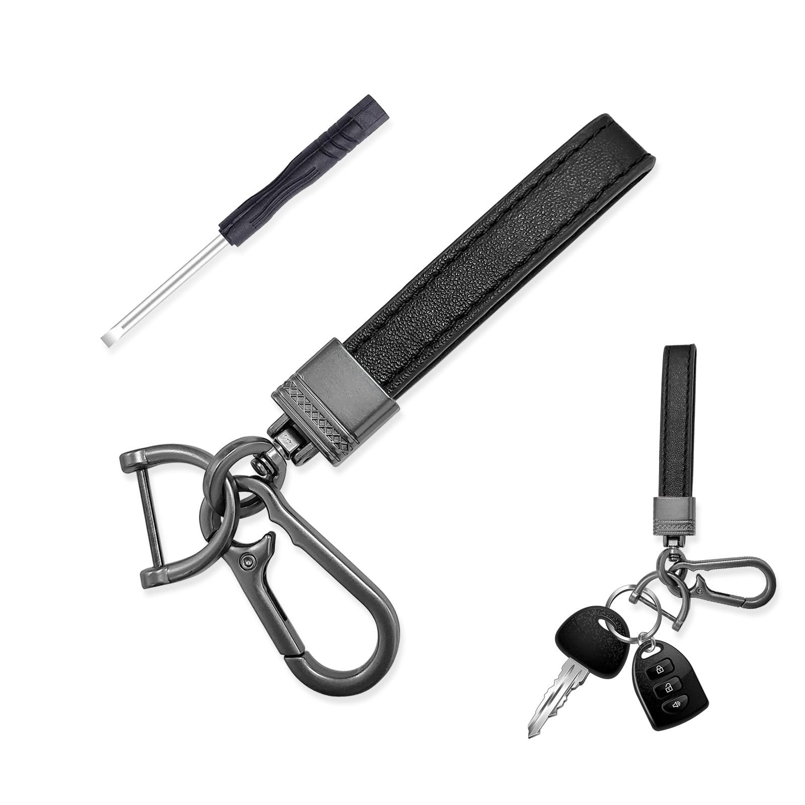 Augeny Microfiber Leather Car Keychain, 360 Degree Rotatable Car Key Fob Holder with Anti-Lost D-Ring, Keyring and Screwdriver(Black & Black)
