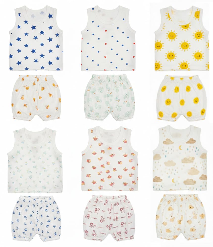 Soft Cotton Casual Vest Jhabla for Baby Boy & Baby Girl's Sleevless Top with Shorts Ideal for Summer Baby Kids Infant New Born Baby Clothes (Pair of 6 Sets)-image-42
