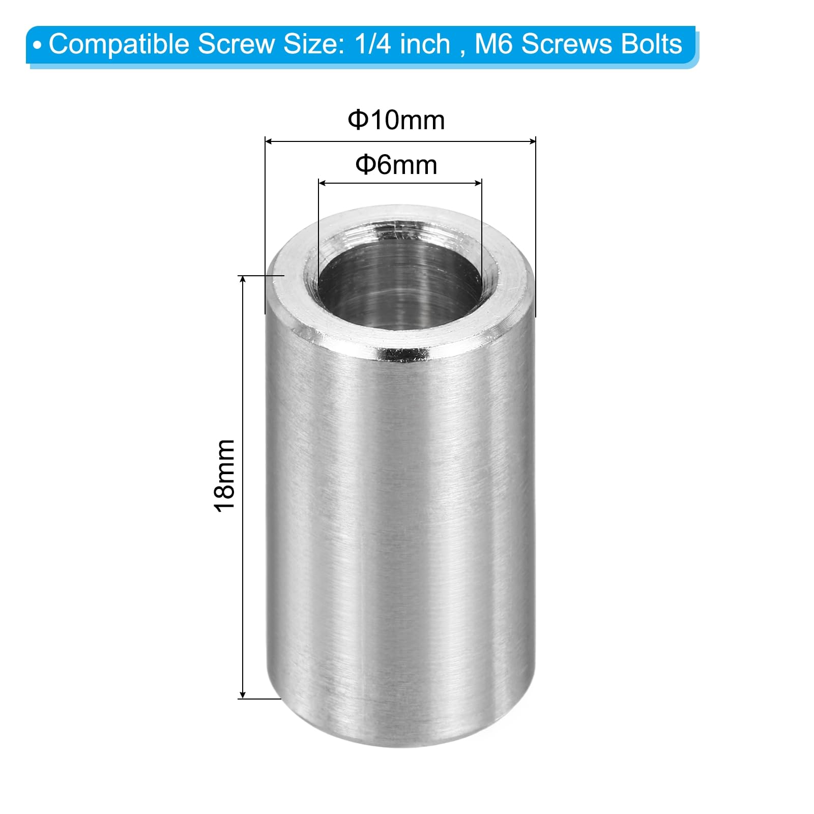 PATIKIL M6 Stainless Steel Spacers, 12Pcs Metal Spacer 6mm ID x 10mm OD x 18mm L Screw Standoff for 1/4" or M6 Screw - Image 2