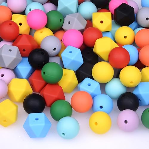 Kit de 100 cuentas de silicona para hacer pulseras, cuentas hexagonales redondas de goma suave de 0.59 pulgadas para llaveros y pulseras, cuentas