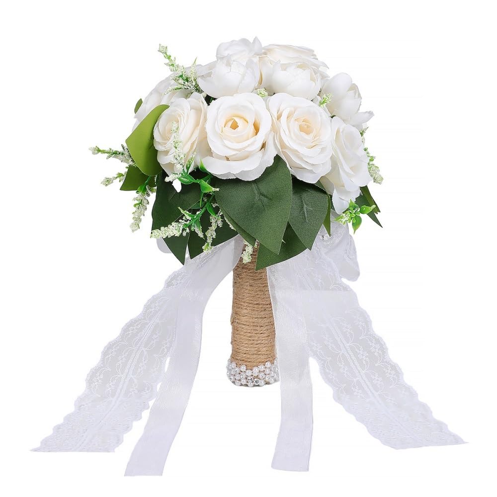 Huffa Milkwhite+Green Artificial Wedding Bouquet - Elegant Fake Rose Flower Arrangement For Bride's Ceremony(Milkwhite+Green)