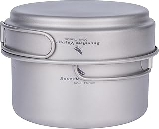 iBasingo Titanium Pot Pan Set with Folding Handle Outdoor Camping Soup Pot Bowl Frying Pan Dinnerware Ultralight Cookware for Picnic Travel Hiking